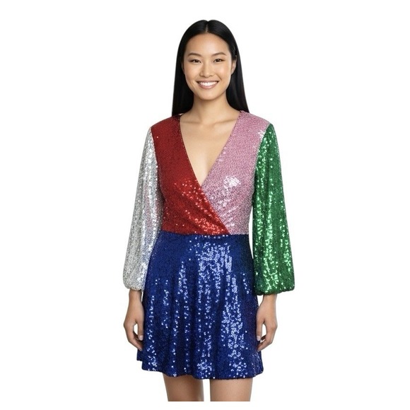Alice + Olivia Blaze Sequin Colorblock Mini Dress 10 NYE Holiday Party Hoco NWT - Picture 1 of 12